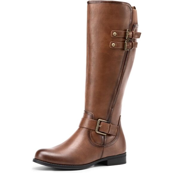 Women's Faux Leather Tan Knee High Buckle Chunky Heel Flat Riding Pirate Boots - Picture 1 of 7